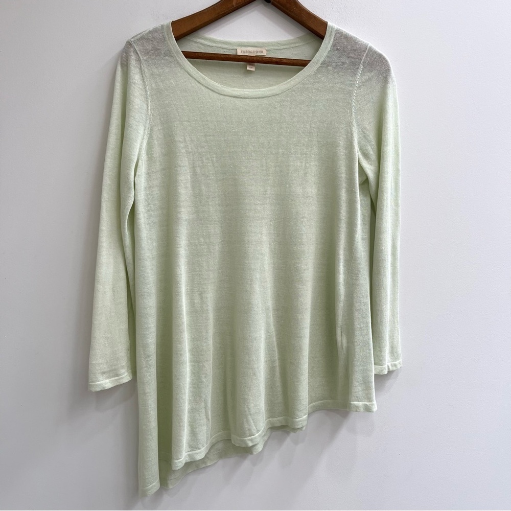 Eileen Fisher Blouse Tunic Top Green Semi Sheer Organic Linen Asymmetrical Hem S